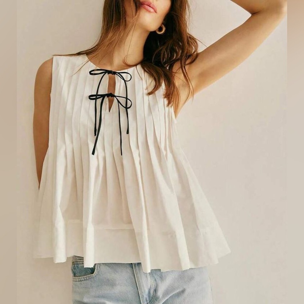 Commense White Pleated Linen Cotton Smock Top Black Bow Tie blouse